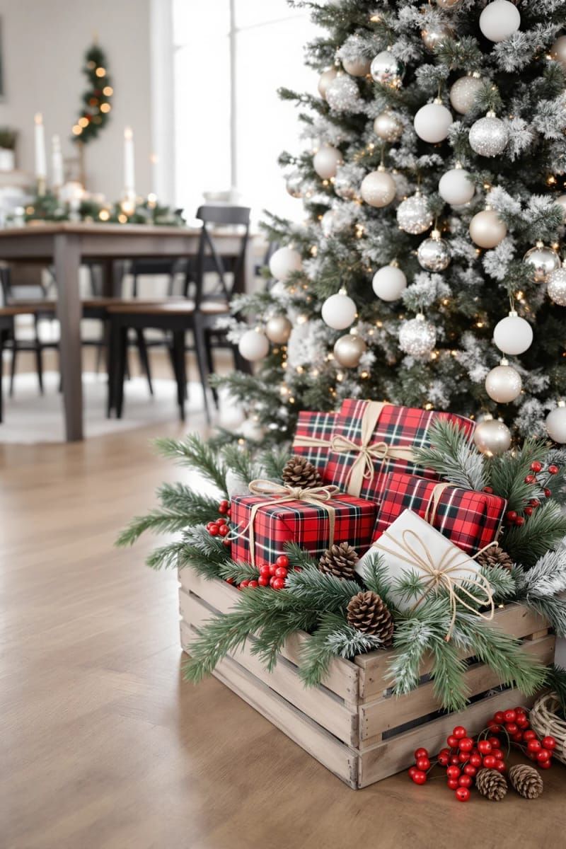 wooden crate display filled with plaid-wrapped gifts, pine branches, and berries 1