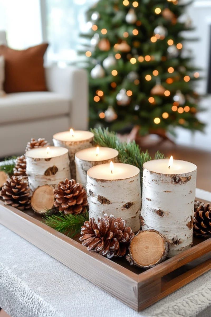 birch log candle holders grouped with pinecones on a reclaimed wood tray 1