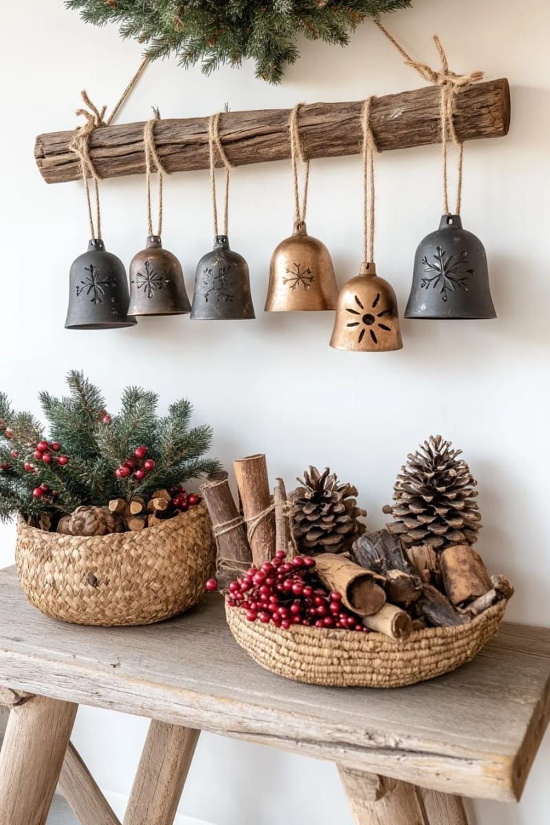oversized jingle bells strung above a reclaimed wood entry table 1