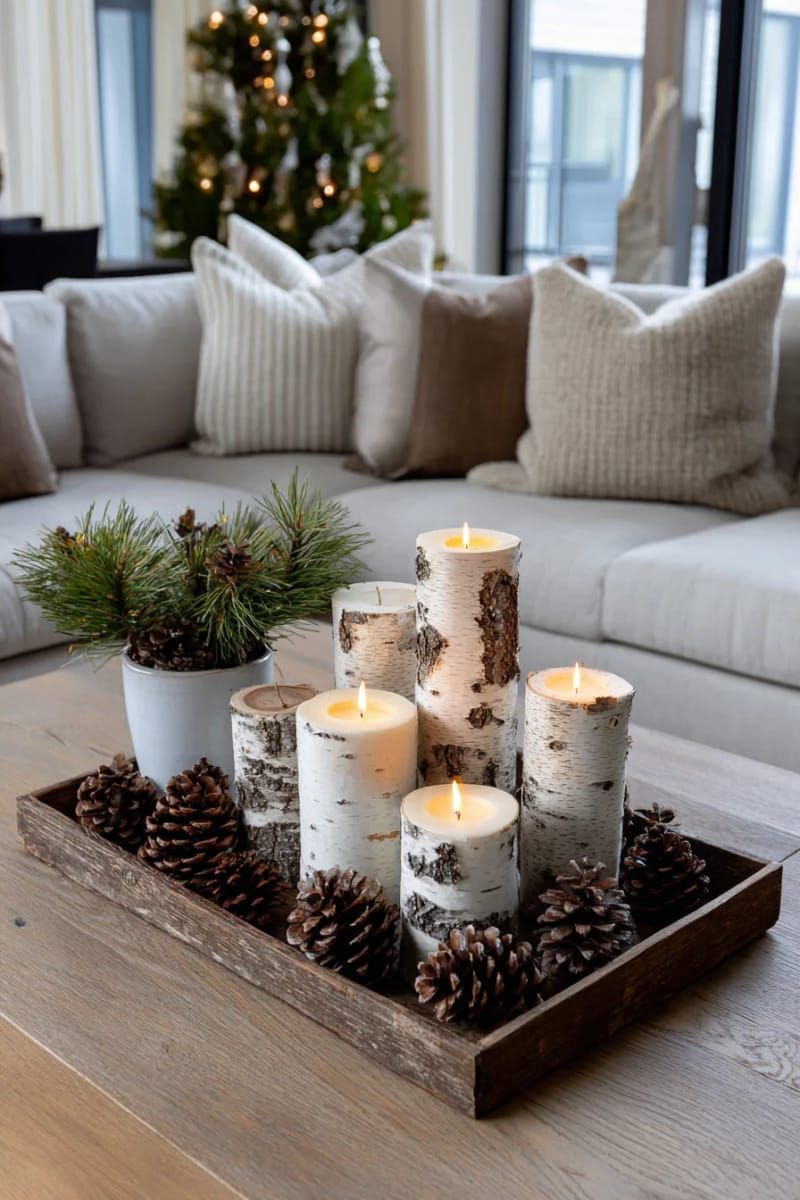 birch log candle holders grouped with pinecones on a reclaimed wood tray 1