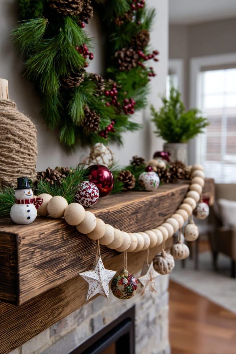 wooden bead garland with tiny hand-painted ornaments for the mantel 1