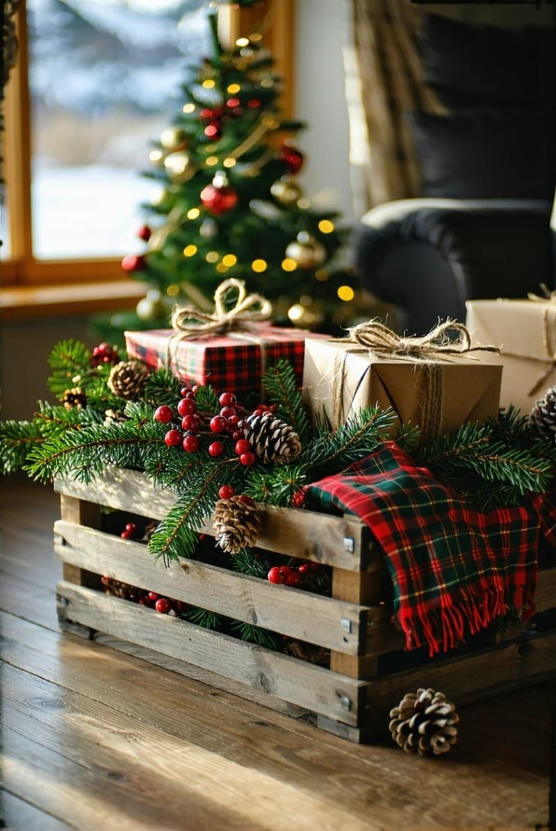 wooden crate display filled with plaid-wrapped gifts, pine branches, and berries 1