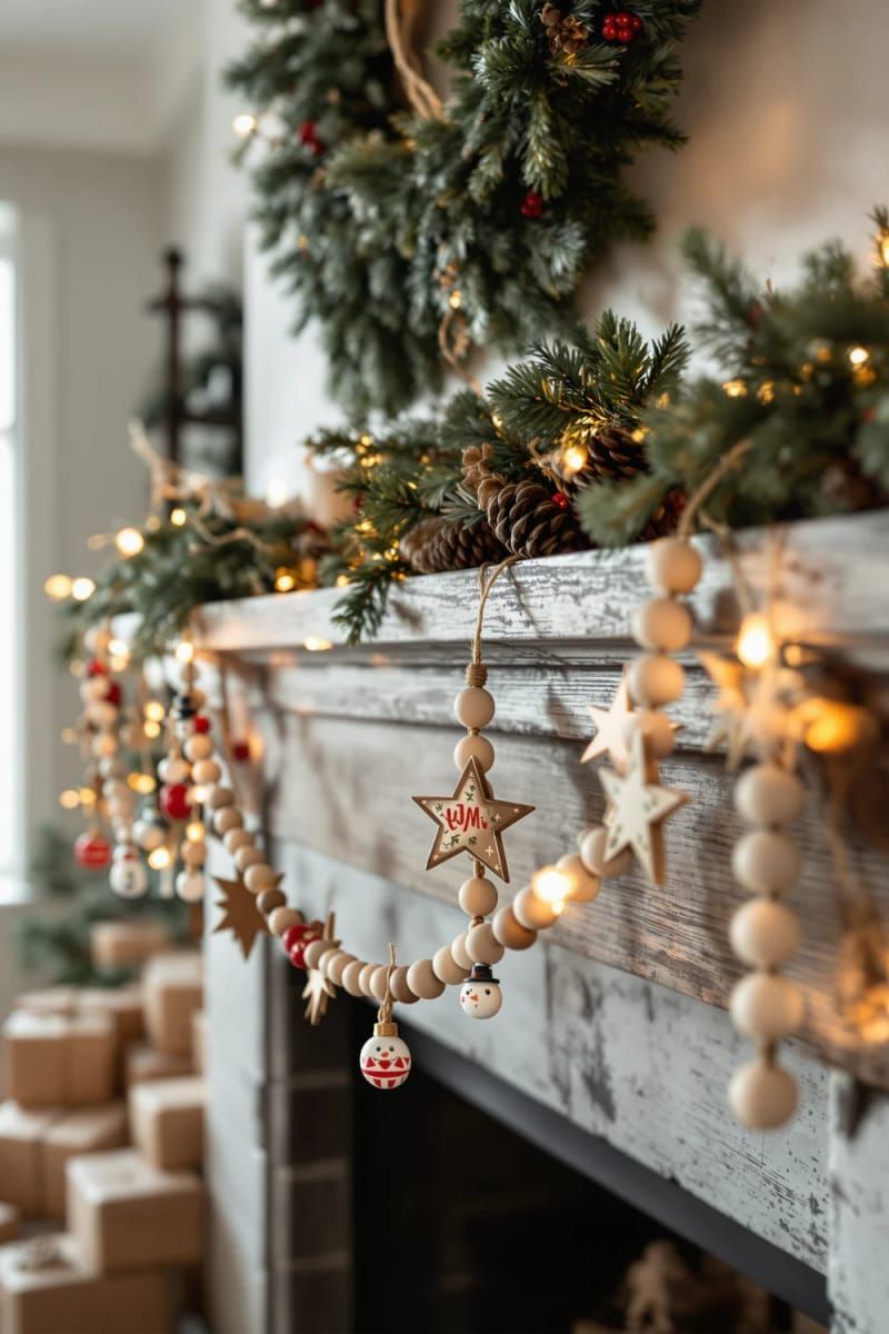 wooden bead garland with tiny hand-painted ornaments for the mantel 1