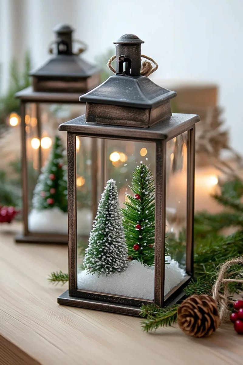 farmhouse lanterns filled with mini pine trees and faux snow 1