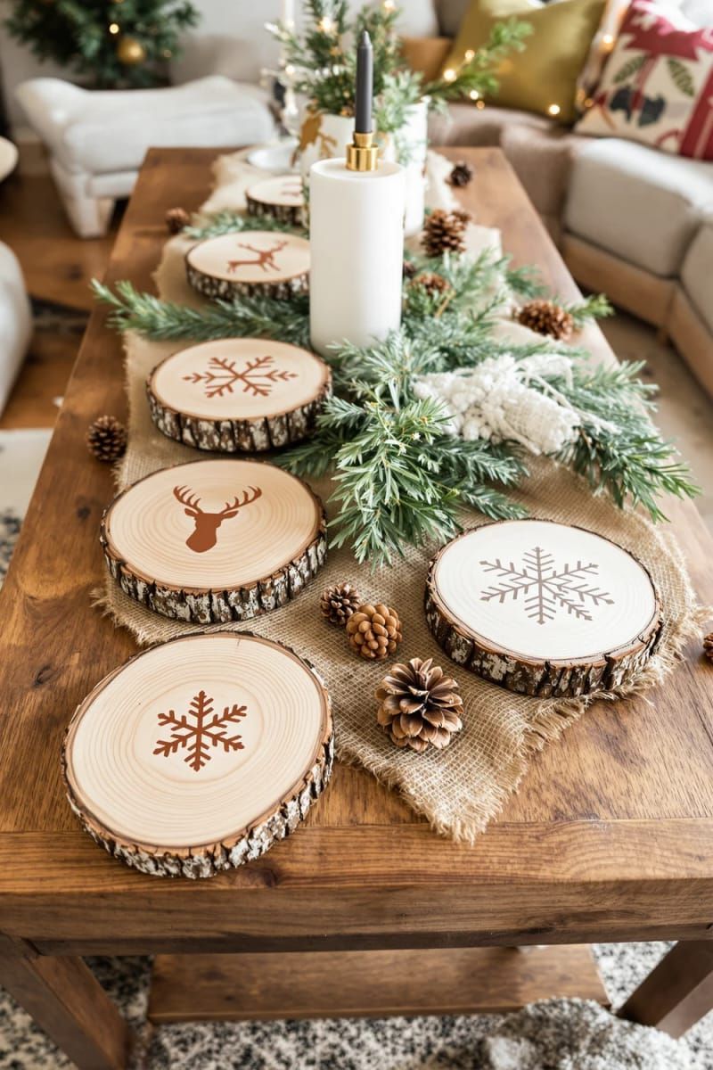 natural wood slice coasters stamped with snowflake and reindeer motifs 1
