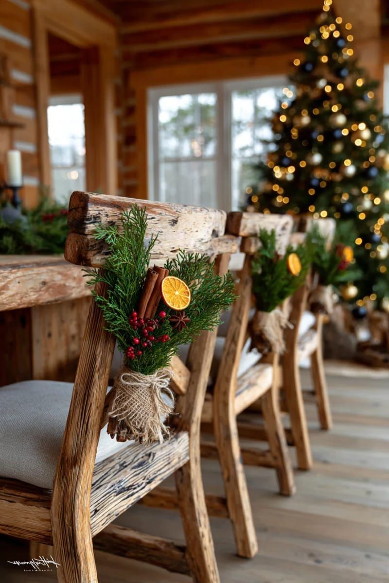 dried fruit and herb bundles tied to rustic wooden chair backs 1