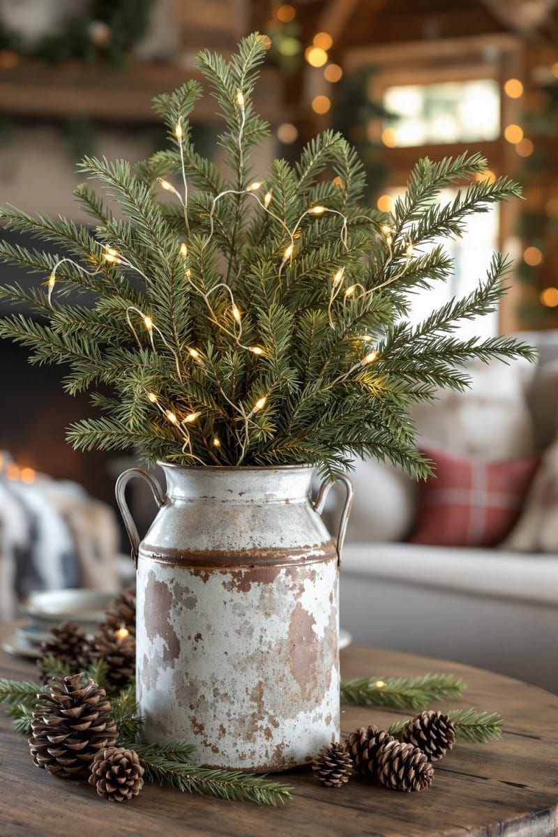 antique milk can holding cedar branches and twinkling fairy lights 1