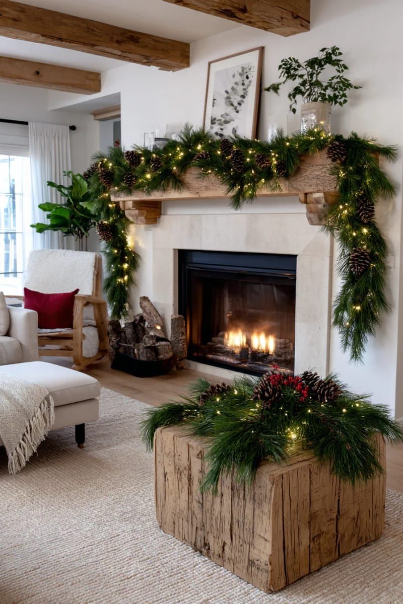 pinecone garlands draped across a barnwood mantel with twinkling fairy lights 1