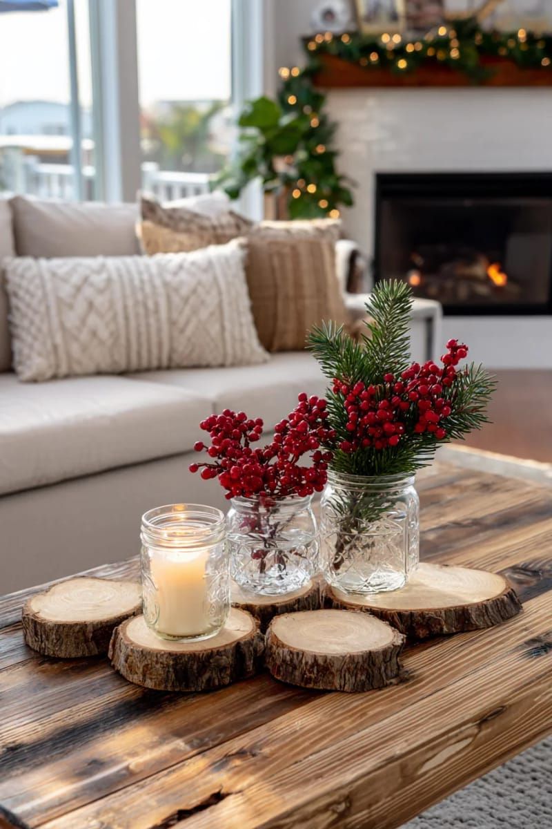 mason jar vases holding red berries, cedar sprigs, and wood slices 1