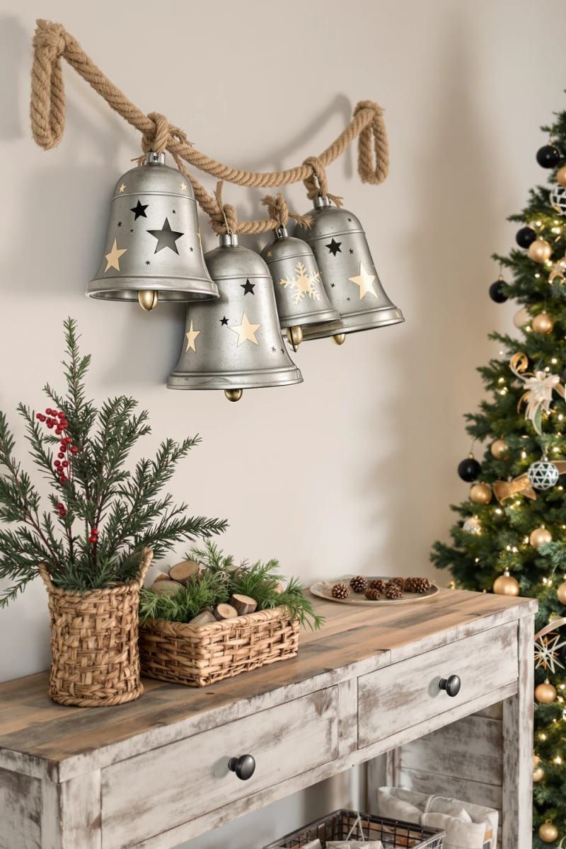 oversized jingle bells strung above a reclaimed wood entry table 1