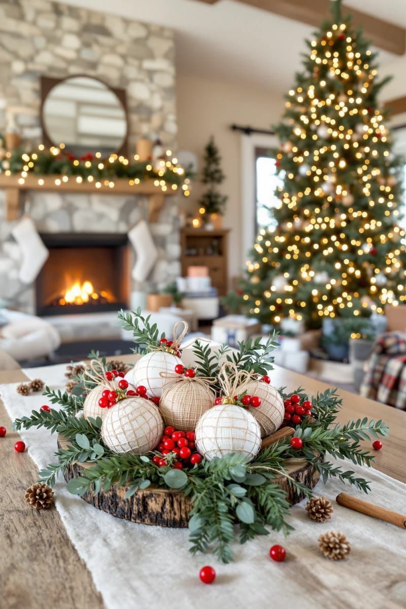 simple twine-wrapped baubles accented with eucalyptus and berry sprigs 1