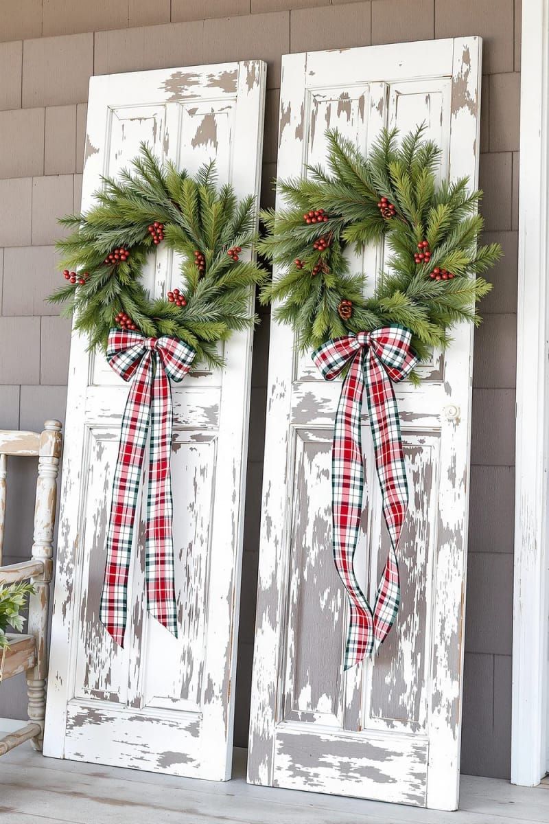 repurposed wood shutters adorned with festive wreath and plaid ribbon 1