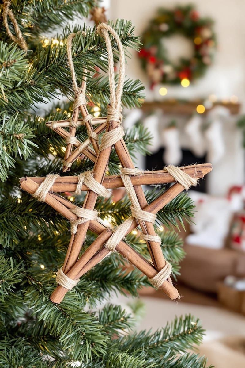 cinnamon stick stars tied with twine and hung as christmas tree ornaments 1