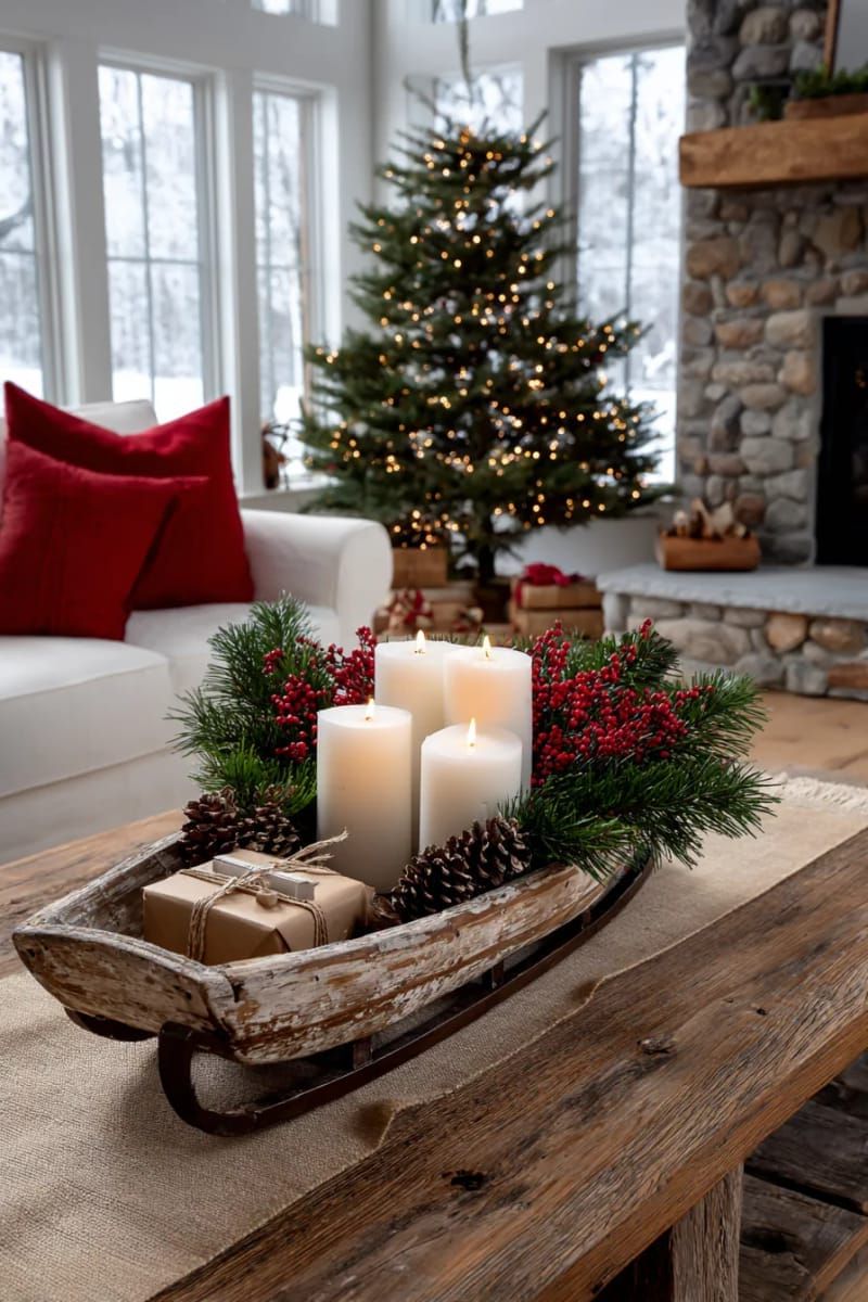 vintage sleigh centerpiece with evergreen sprigs and pillar candles 1