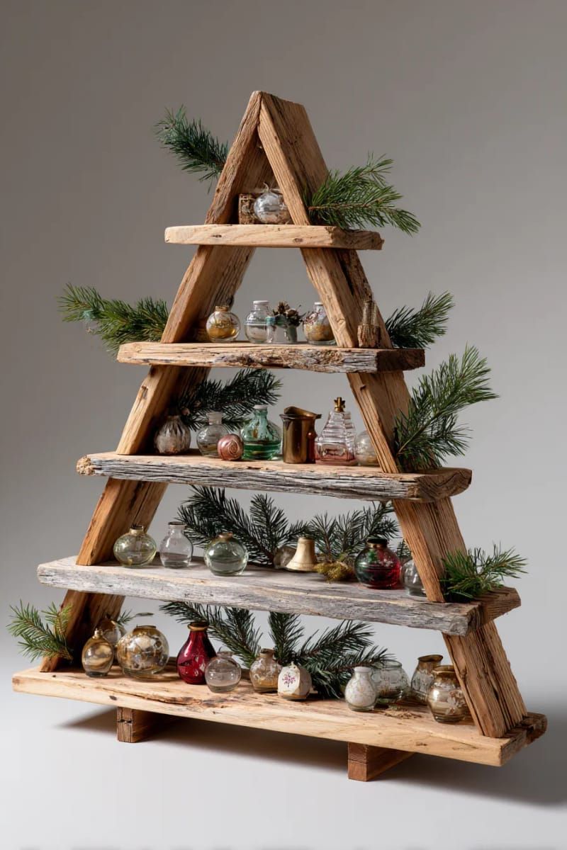 tree-shaped shelf display with tiny vintage ornaments and pine sprigs 1