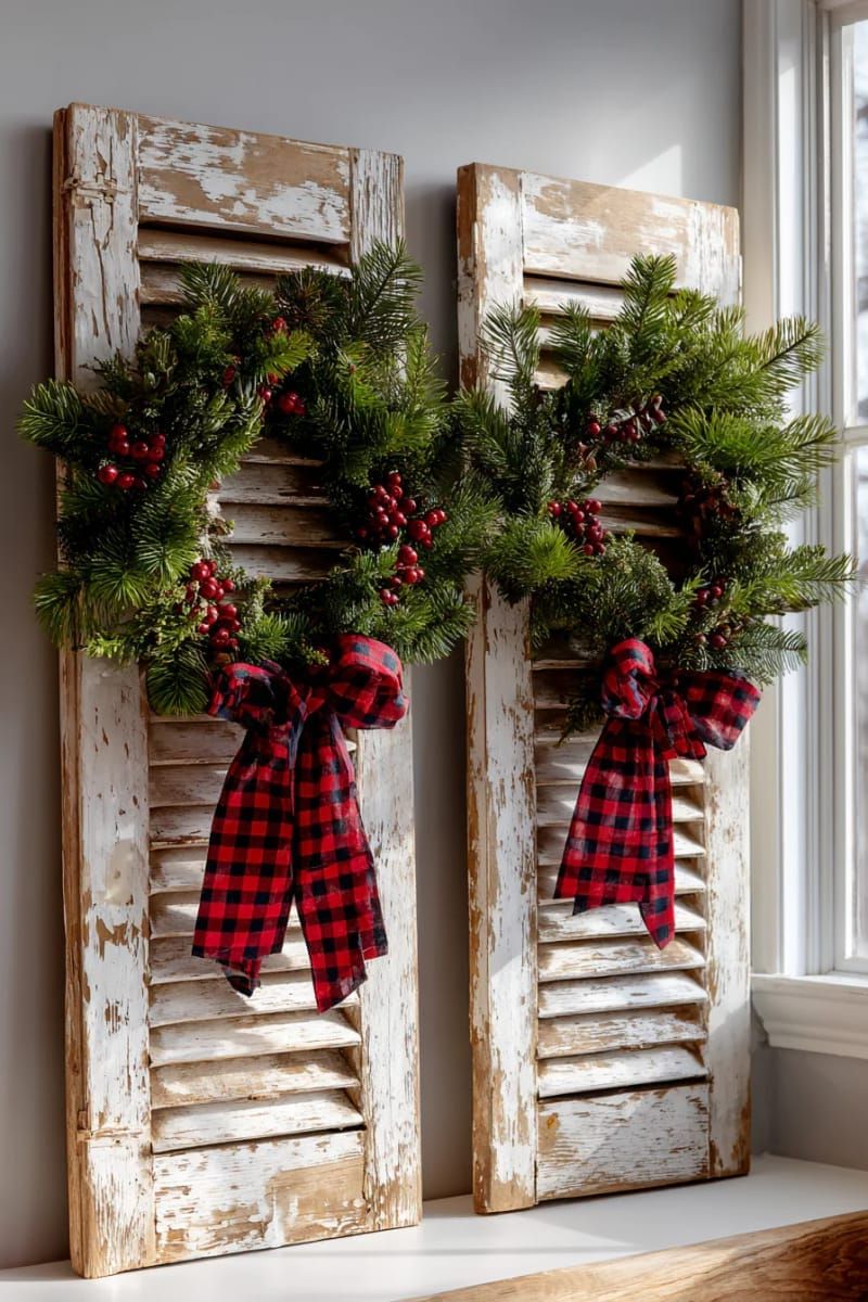 repurposed wood shutters adorned with festive wreath and plaid ribbon 1