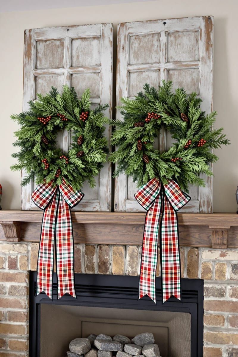 repurposed wood shutters adorned with festive wreath and plaid ribbon 1