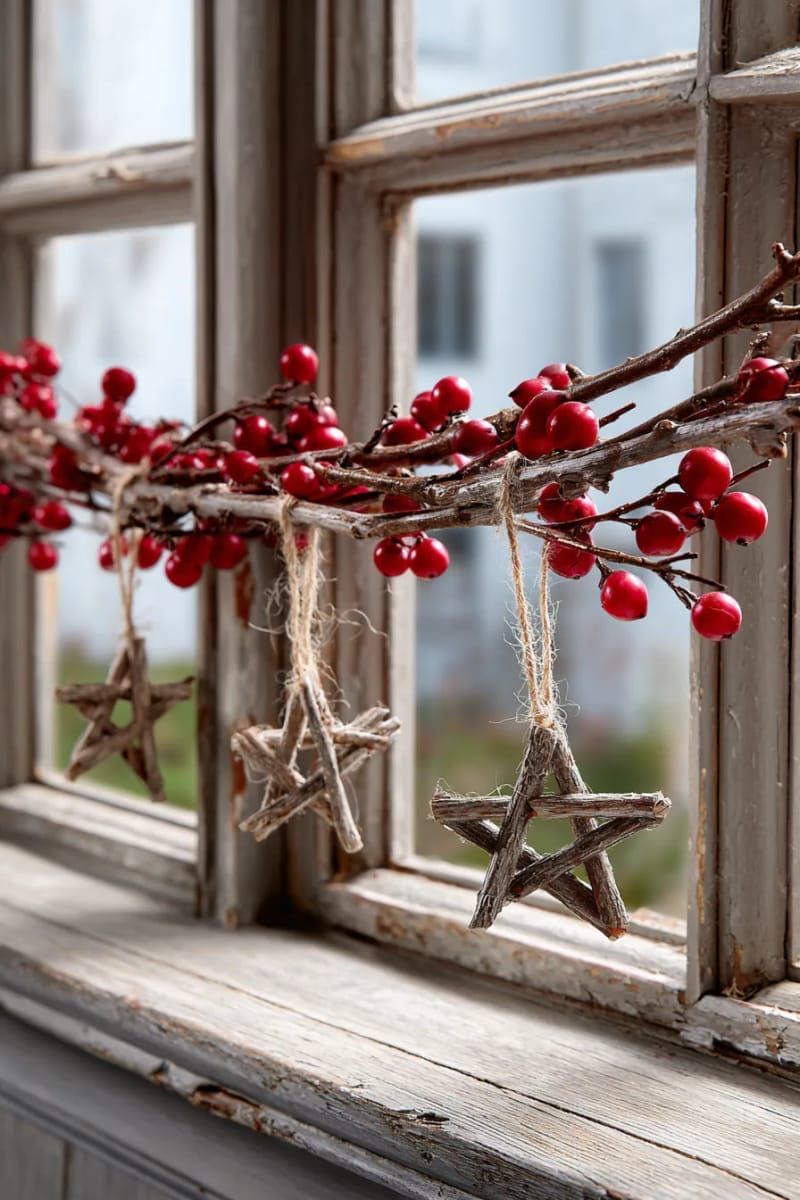 rustic twig star garland with red berries strung across a window 1