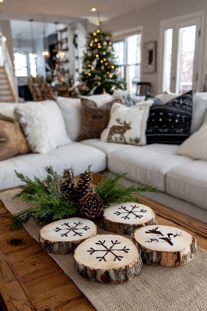 natural wood slice coasters stamped with snowflake and reindeer motifs 1