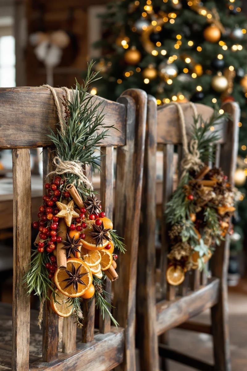 dried fruit and herb bundles tied to rustic wooden chair backs 1