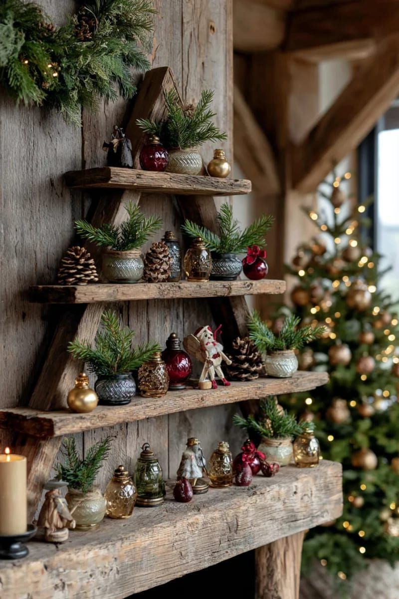 tree-shaped shelf display with tiny vintage ornaments and pine sprigs 1