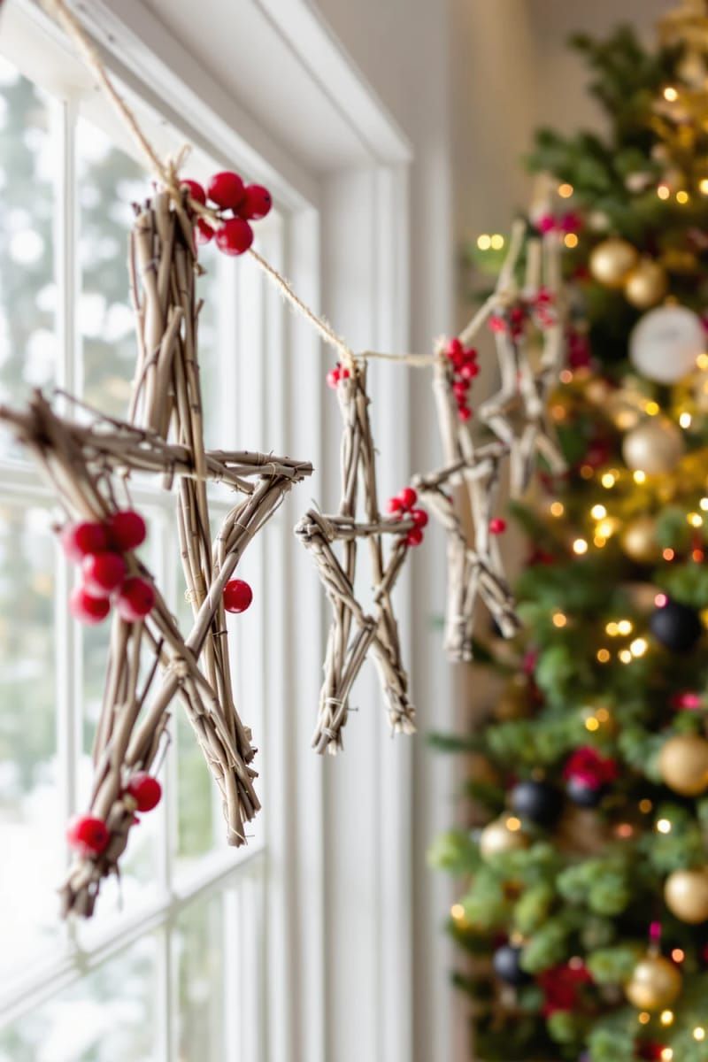rustic twig star garland with red berries strung across a window 1
