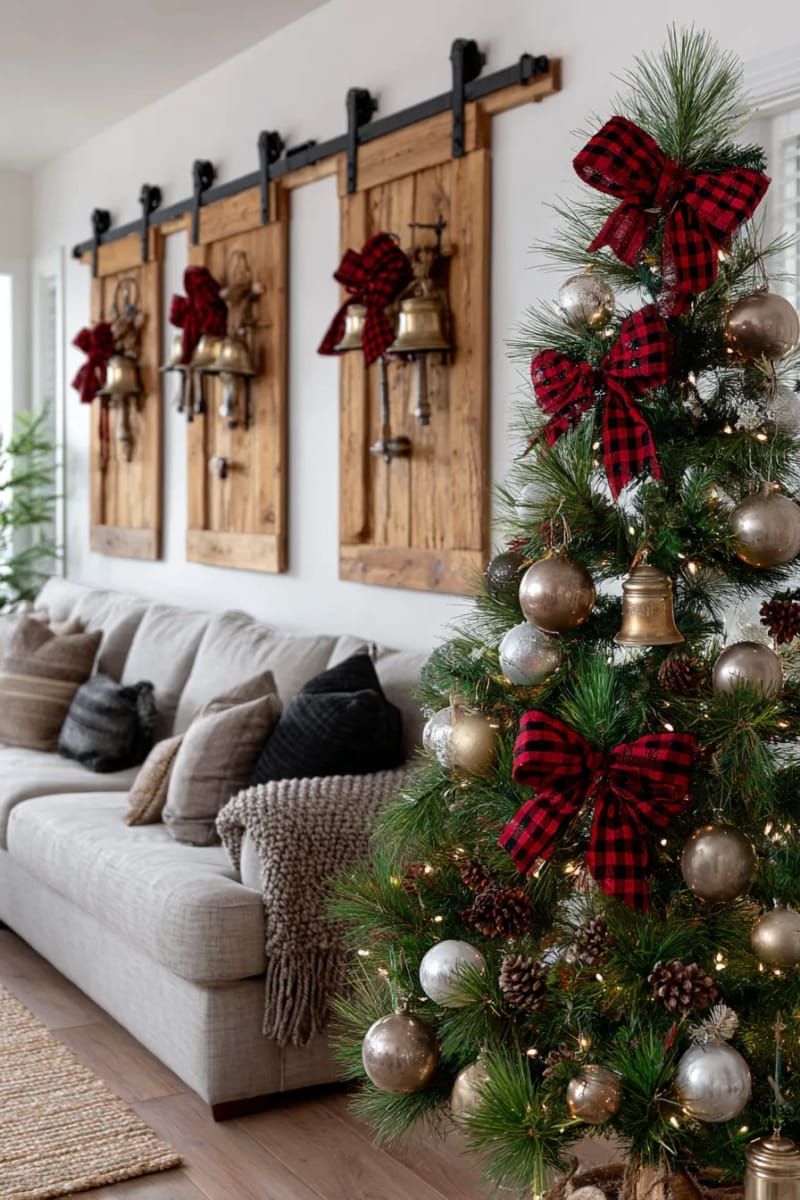 barn door-inspired wall decor featuring metal bells and red plaid bows 1