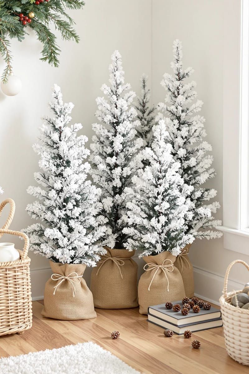 mini snowy flocked trees in burlap sacks for a farmhouse corner 1