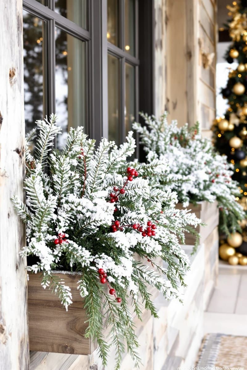 snow-dusted faux greenery in wooden planter boxes on windowsills 1