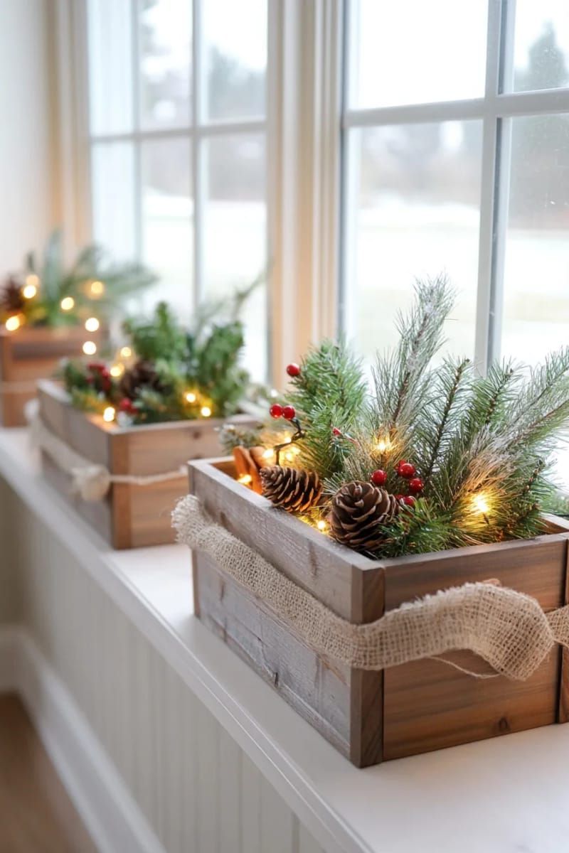 snow-dusted faux greenery in wooden planter boxes on windowsills 1