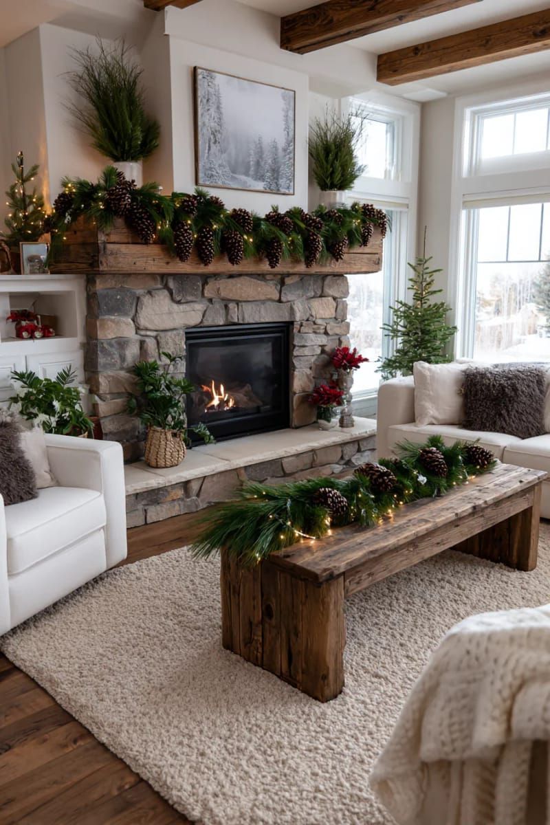 pinecone garlands draped across a barnwood mantel with twinkling fairy lights 1