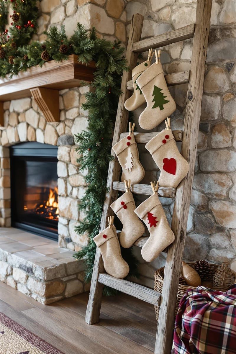 miniature burlap stockings hanging from a rustic wooden ladder by the fireplace 1