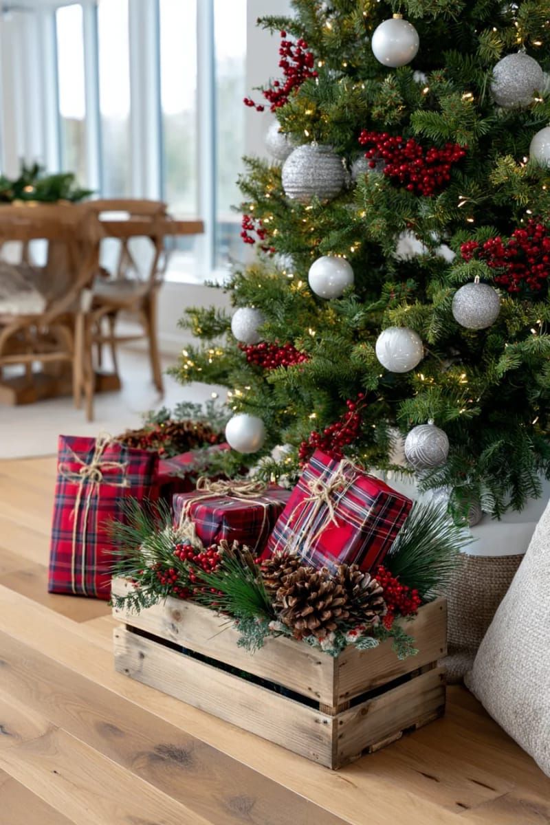wooden crate display filled with plaid-wrapped gifts, pine branches, and berries 1