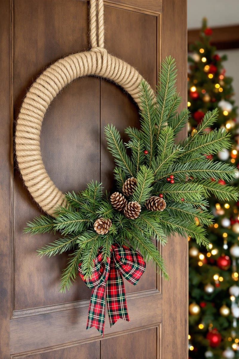rope-wrapped hoop wreath with cedar, pinecones, and tartan ribbon 1
