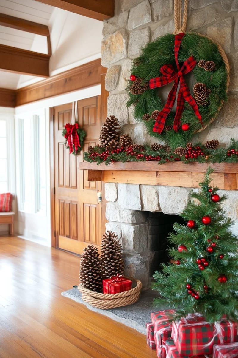 rope-wrapped hoop wreath with cedar, pinecones, and tartan ribbon 1