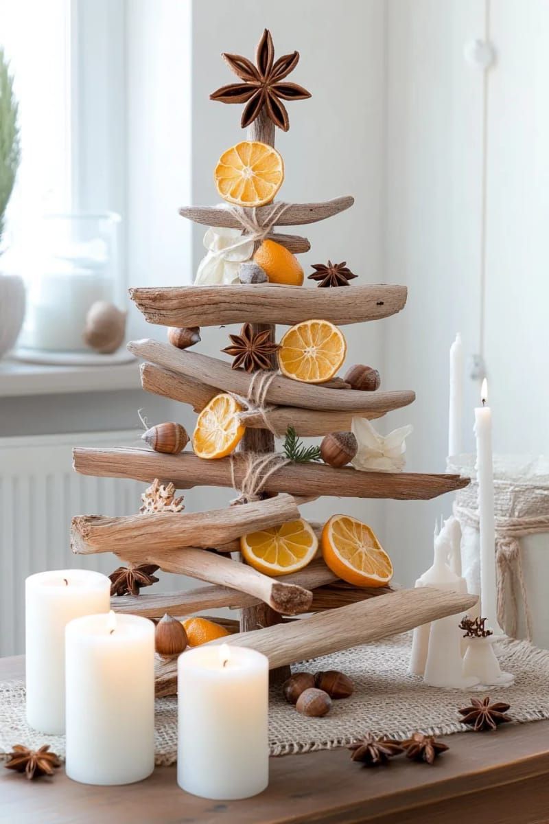 driftwood christmas tree decorated with dried citrus and star anise 1