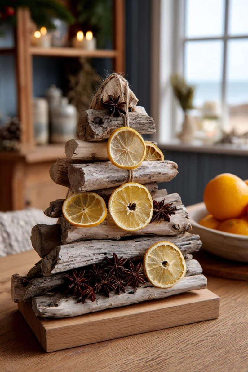 driftwood christmas tree decorated with dried citrus and star anise 1