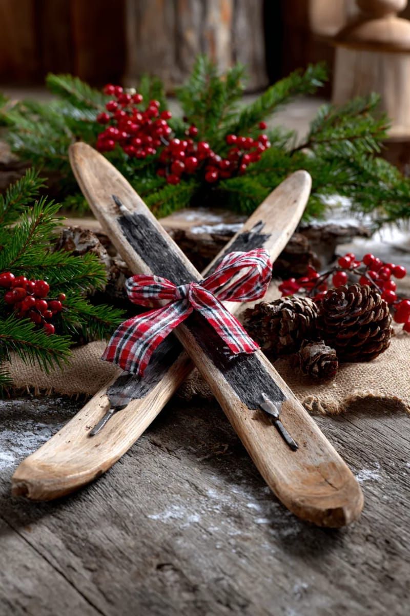 mini wooden skis crossed and tied with ribbon for a nostalgic touch 1