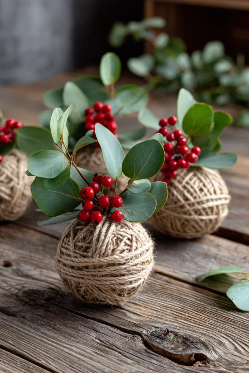 simple twine-wrapped baubles accented with eucalyptus and berry sprigs 1