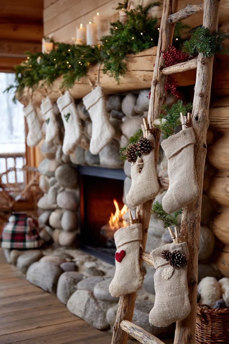 miniature burlap stockings hanging from a rustic wooden ladder by the fireplace 1