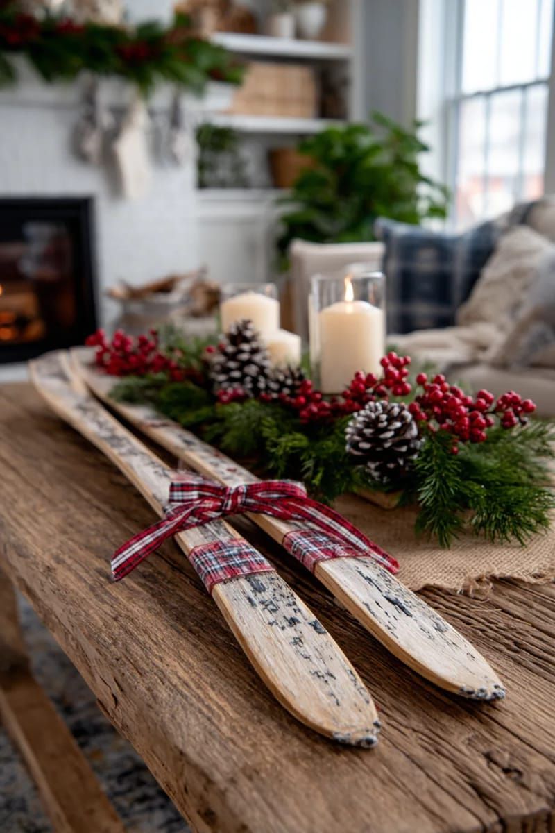 mini wooden skis crossed and tied with ribbon for a nostalgic touch 1