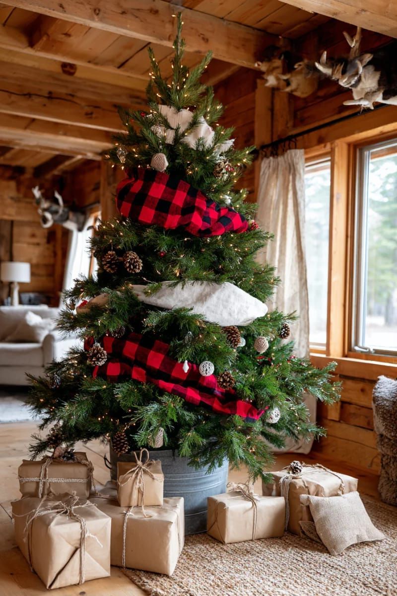 diy fabric scrap garland in buffalo plaid and muslin for a cozy tree 1
