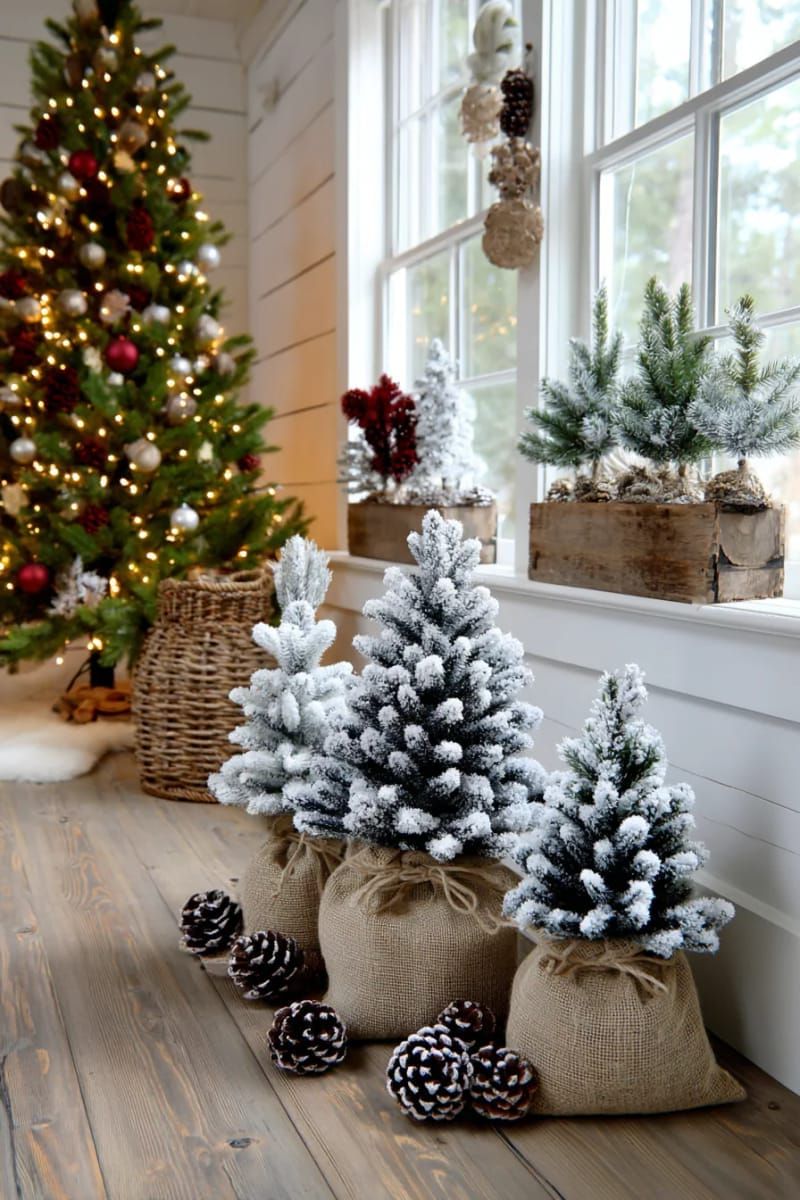 mini snowy flocked trees in burlap sacks for a farmhouse corner 1