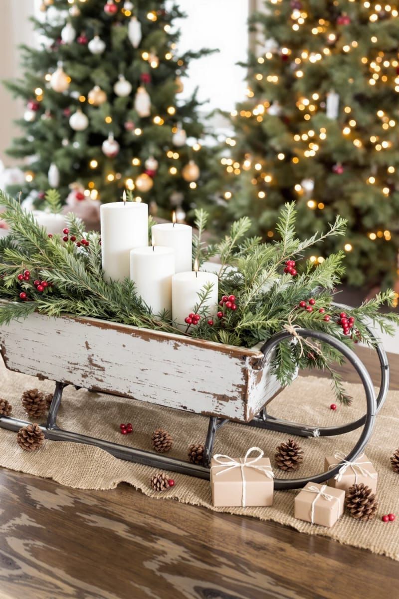 vintage sleigh centerpiece with evergreen sprigs and pillar candles 1