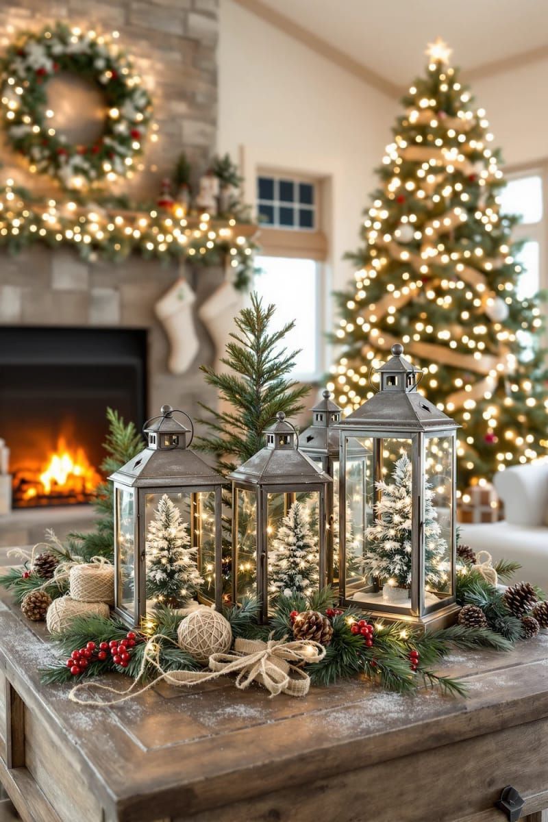 farmhouse lanterns filled with mini pine trees and faux snow 1