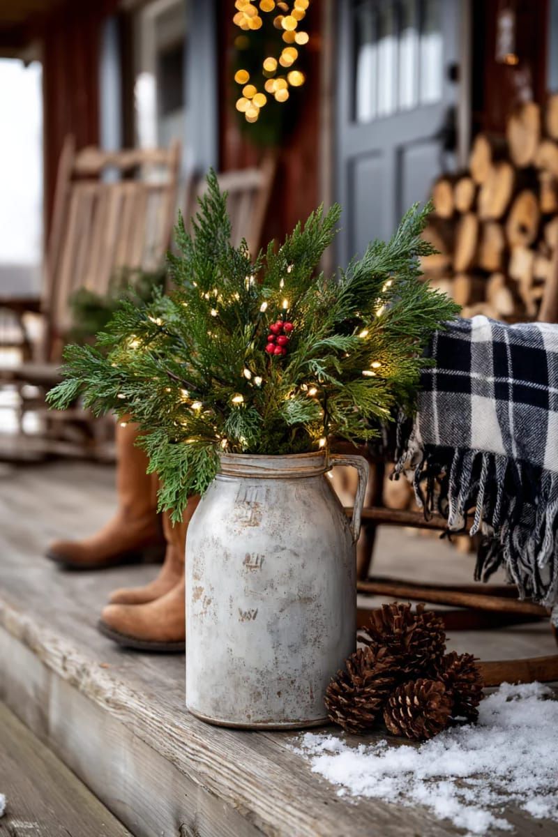 antique milk can holding cedar branches and twinkling fairy lights 1