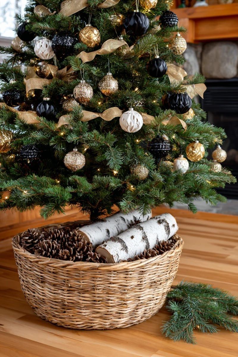 woven basket tree skirt filled with pinecones and birch logs 1