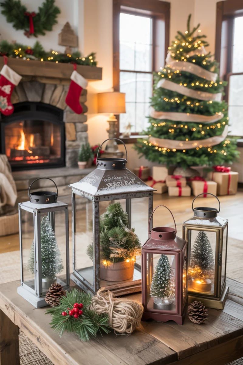 farmhouse lanterns filled with mini pine trees and faux snow 1