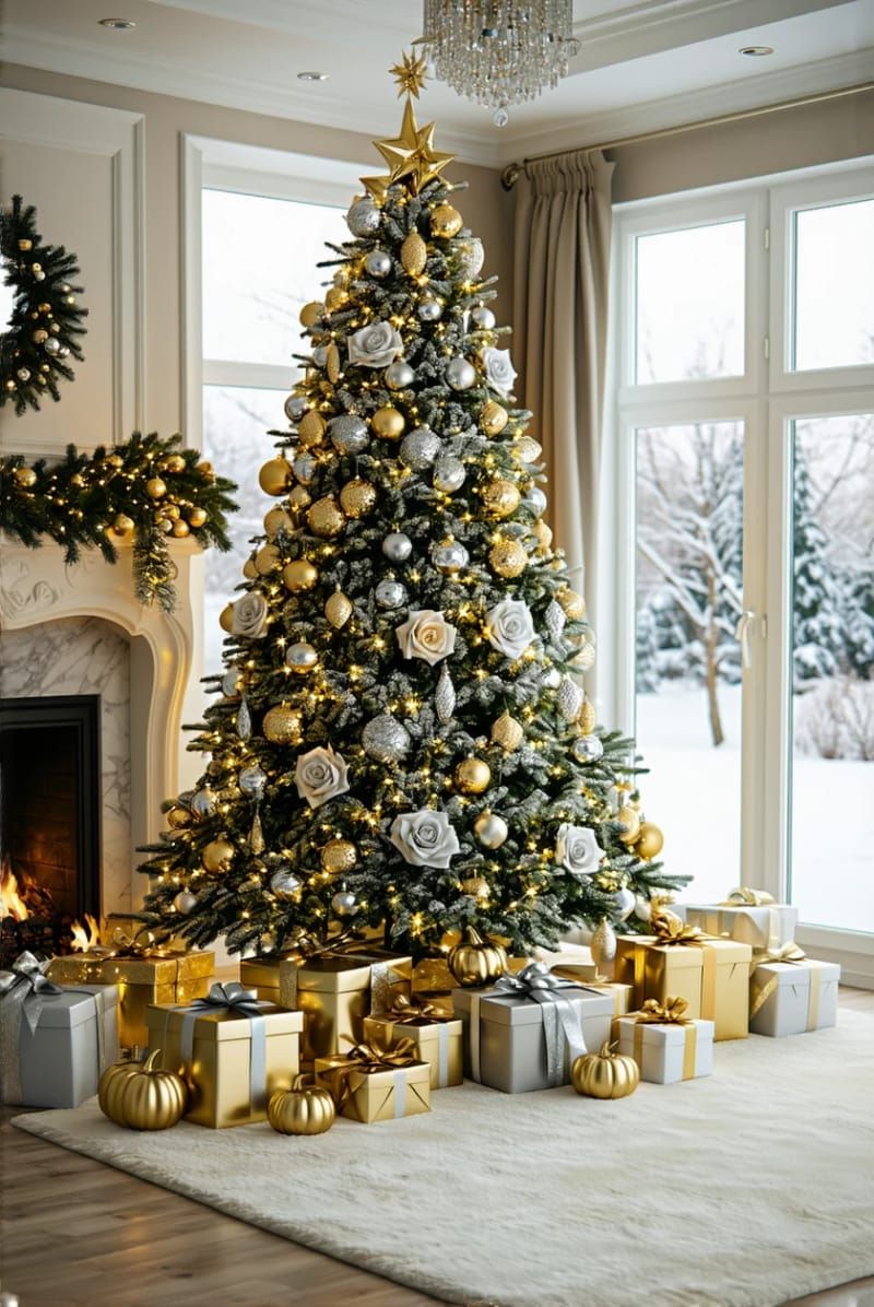 elegant tree with cream roses, metallic pumpkins, and twinkling lights 1