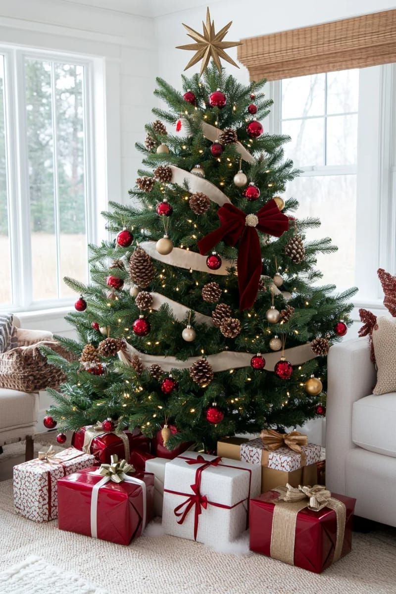 traditional tree decked with velvet ribbon, cranberry garland, and gold pinecones 1